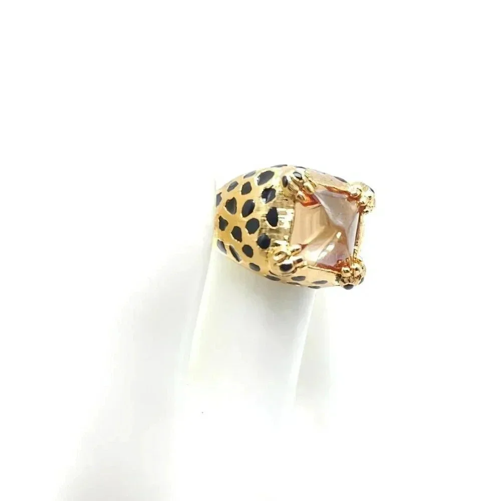 UNCAS Gold Vermeil Over Silver Black Enamel Spotted Leopard Peach Cab Ring Sze 7